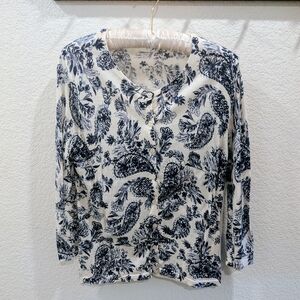 Garnet Hill Merino Wool Blue and White Floral Cardigan